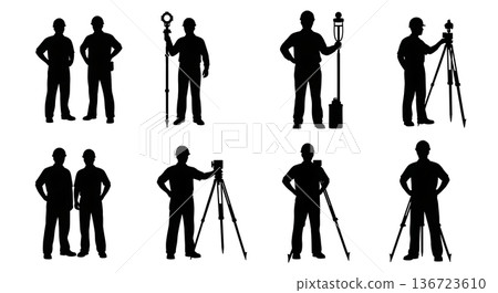 Black Solid Surveyor Hands On Hips Silhouettes Set of Six on White Background Black Solid Surveyor Hands On Hips Silhouettes Set of Six on White Background 136723610