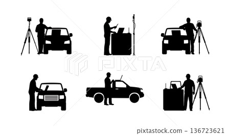 Black Solid Surveyor Laptop Truck Silhouettes Set of Six on White Background Black Solid Surveyor Laptop Truck Silhouettes Set of Six on White Background 136723621