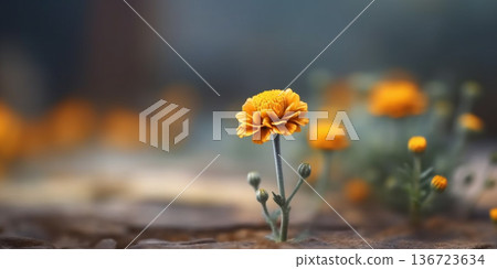 Marigold flower, copy space blurred background, Generative AI 136723634