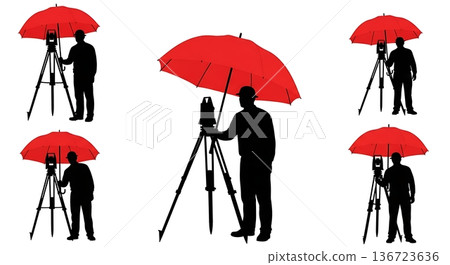 Black Solid Surveyor Red Umbrella Silhouettes Set of Six on White Background 136723636