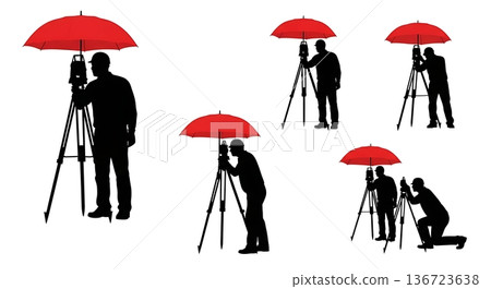 Black Solid Surveyor Red Umbrella Silhouettes Set of Six on White Background Black Solid Surveyor Red Umbrella Silhouettes Set of Six on White Background 136723638