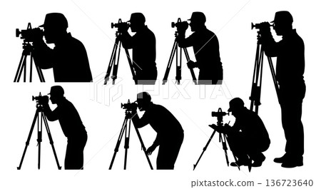 Black Solid Surveyor Resting Break Silhouettes Set of Six on White Background Black Solid Surveyor Resting Break Silhouettes Set of Six on White Background 136723640