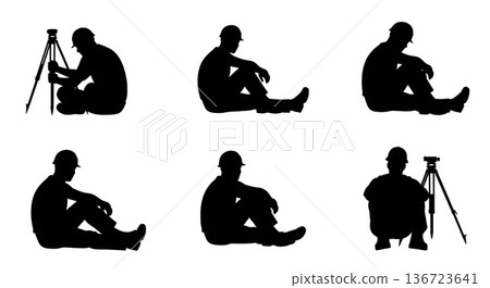 Black Solid Surveyor Resting Break Silhouettes Set of Six on White Background 136723641