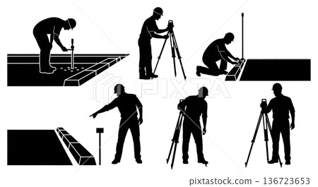 Black Solid Surveyor Road Inspection Silhouettes Set of Six on White Background Black Solid Surveyor Road Inspection Silhouettes Set of Six on White Background 136723653