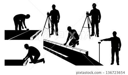 Black Solid Surveyor Road Inspection Silhouettes Set of Six on White Background Black Solid Surveyor Road Inspection Silhouettes Set of Six on White Background 136723654
