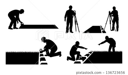 Black Solid Surveyor Road Inspection Silhouettes Set of Six on White Background 136723656