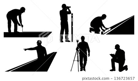 Black Solid Surveyor Road Inspection Silhouettes Set of Six on White Background 136723657