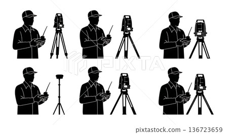 Black Solid Surveyor Robotic Remote Silhouettes Set of Six on White Background Black Solid Surveyor Robotic Remote Silhouettes Set of Six on White Background 136723659