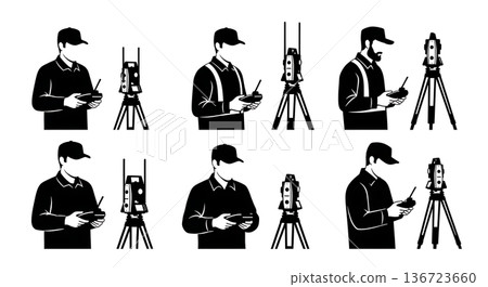 Black Solid Surveyor Robotic Remote Silhouettes Set of Six on White Background Black Solid Surveyor Robotic Remote Silhouettes Set of Six on White Background 136723660