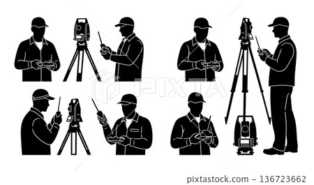 Black Solid Surveyor Robotic Remote Silhouettes Set of Six on White Background 136723662