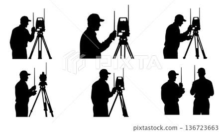Black Solid Surveyor Robotic Remote Silhouettes Set of Six on White Background Black Solid Surveyor Robotic Remote Silhouettes Set of Six on White Background 136723663