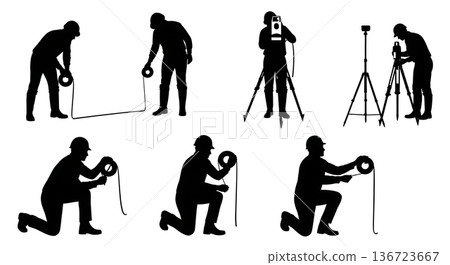 Black Solid Surveyor Roll Tape Silhouettes Set of Six on White Background Black Solid Surveyor Roll Tape Silhouettes Set of Six on White Background 136723667