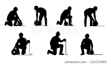 Black Solid Surveyor Roll Tape Silhouettes Set of Six on White Background 136723669