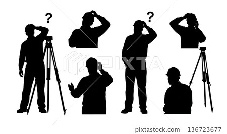 Black Solid Surveyor Scratch Head Silhouettes Set of Six on White Background Black Solid Surveyor Scratch Head Silhouettes Set of Six on White Background 136723677
