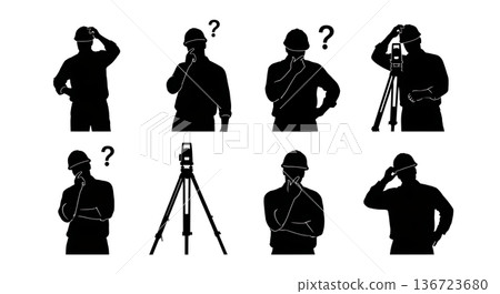 Black Solid Surveyor Scratch Head Silhouettes Set of Six on White Background Black Solid Surveyor Scratch Head Silhouettes Set of Six on White Background 136723680