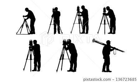 Black Solid Surveyor Setup Tripod Silhouettes Set of Six on White Background 136723685
