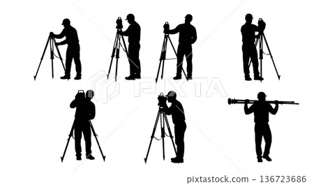 Black Solid Surveyor Setup Tripod Silhouettes Set of Six on White Background Black Solid Surveyor Setup Tripod Silhouettes Set of Six on White Background 136723686
