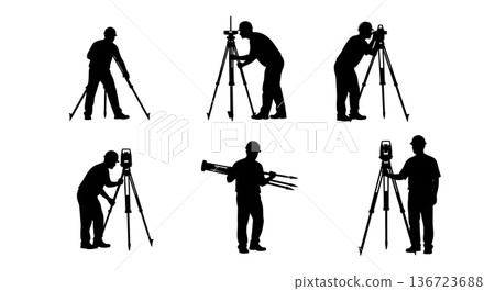 Black Solid Surveyor Setup Tripod Silhouettes Set of Six on White Background Black Solid Surveyor Setup Tripod Silhouettes Set of Six on White Background 136723688