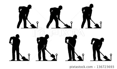 Black Solid Surveyor Shovel Dig Silhouettes Set of Six on White Background 136723693