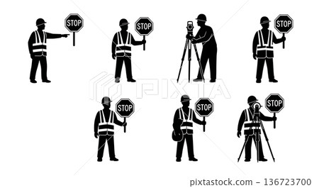 Black Solid Surveyor Sit Sketch Silhouettes Set of Six on White Background 136723700
