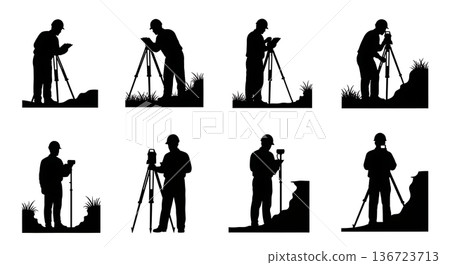Black Solid Surveyor Soil Erosion Silhouettes Set of Six on White Background Black Solid Surveyor Soil Erosion Silhouettes Set of Six on White Background 136723713