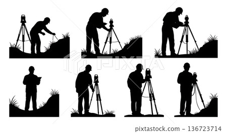 Black Solid Surveyor Soil Erosion Silhouettes Set of Six on White Background 136723714