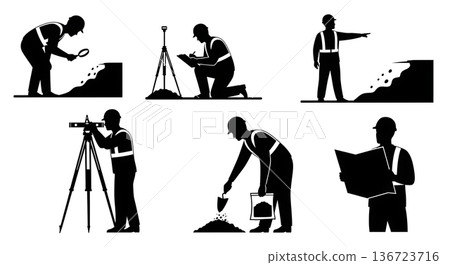 Black Solid Surveyor Soil Erosion Silhouettes Set of Six on White Background 136723716