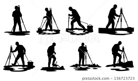 Black Solid Surveyor Step Puddle Silhouettes Set of Six on White Background 136723723