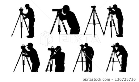 Black Solid Land Surveyor Theodolite Silhouettes Set of Six on White Background Black Solid Land Surveyor Theodolite Silhouettes Set of Six on White Background 136723736