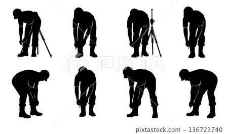 Black Solid Surveyor Tie Boot Silhouettes Set of Six on White Background 136723740