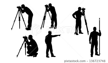 Black Solid Surveyor Tripod Silhouettes Set of Six on White Background Black Solid Surveyor Tripod Silhouettes Set of Six on White Background 136723748