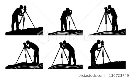 Black Solid Surveyor Tripod Slope Silhouettes Set of Six on White Background 136723749