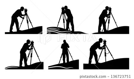 Black Solid Surveyor Tripod Slope Silhouettes Set of Six on White Background Black Solid Surveyor Tripod Slope Silhouettes Set of Six on White Background 136723751