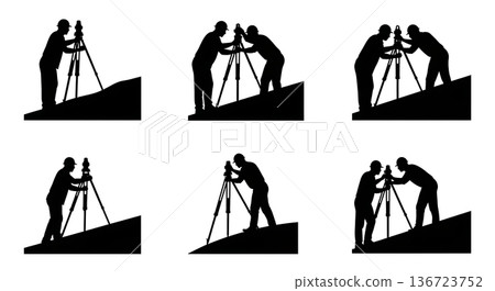 Black Solid Surveyor Tripod Slope Silhouettes Set of Six on White Background Black Solid Surveyor Tripod Slope Silhouettes Set of Six on White Background 136723752