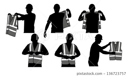 Black Solid Surveyor Vest Dress Silhouettes Set of Six on White Background 136723757