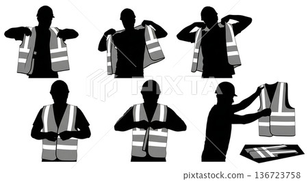 Black Solid Surveyor Vest Dress Silhouettes Set of Six on White Background 136723758