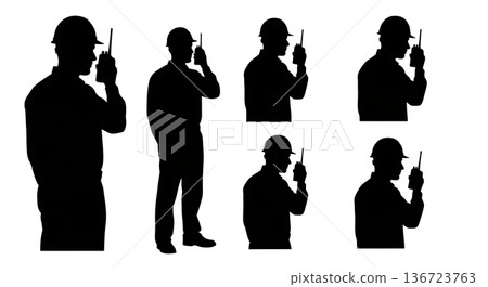 Black Solid Surveyor Walkie Talkie Silhouettes Set of Six on White Background Black Solid Surveyor Walkie Talkie Silhouettes Set of Six on White Background 136723763