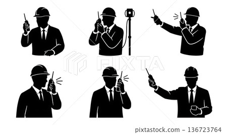 Black Solid Surveyor Walkie Talkie Silhouettes Set of Six on White Background 136723764