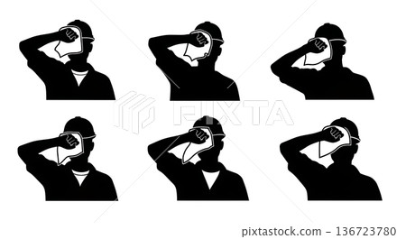 Black Solid Surveyor Wipe Sweat Silhouettes Set of Six on White Background Black Solid Surveyor Wipe Sweat Silhouettes Set of Six on White Background 136723780