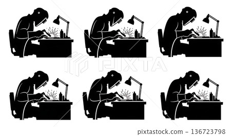 Black Solid TIG Welder Bench Work Silhouettes Set of Six on White Background 136723798