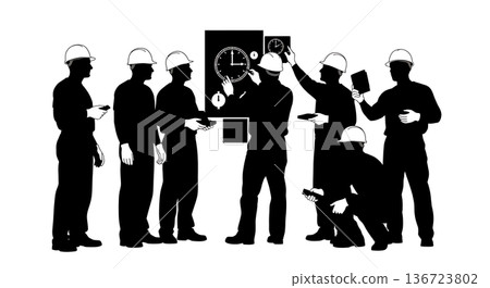 Black Solid Time Clock Adjust Silhouettes Set of Six on White Background Black Solid Time Clock Adjust Silhouettes Set of Six on White Background 136723802