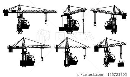 Black Solid Tower Crane Operator Silhouettes Set of Six on White Background 136723803