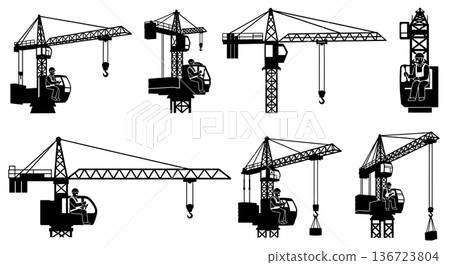 Black Solid Tower Crane Operator Silhouettes Set of Six on White Background 136723804