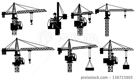 Black Solid Tower Crane Operator Silhouettes Set of Six on White Background Black Solid Tower Crane Operator Silhouettes Set of Six on White Background 136723805