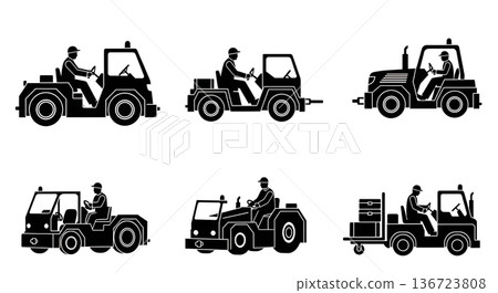 Black Solid Tow Tractor Airport Silhouettes Set of Six on White Background 136723808