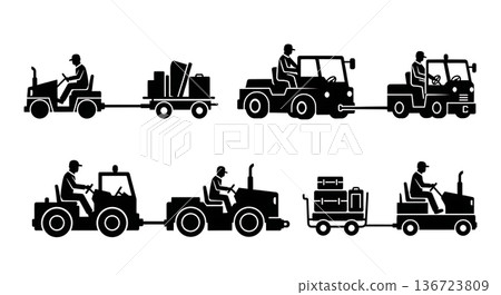 Black Solid Tow Tractor Airport Silhouettes Set of Six on White Background Black Solid Tow Tractor Airport Silhouettes Set of Six on White Background 136723809