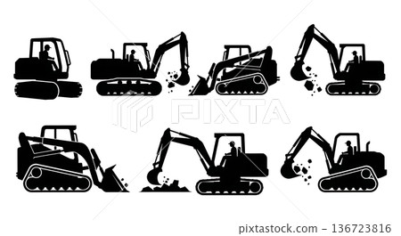 Black Solid Track Loader Clearance Silhouettes Set of Six on White Background 136723816
