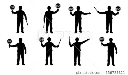 Black Solid Traffic Control Sign Silhouettes Set of Six on White Background 136723821