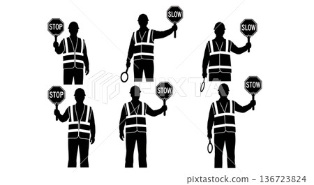Black Solid Traffic Control Engineer Silhouettes Set of Six on White Background Black Solid Traffic Control Engineer Silhouettes Set of Six on White Background 136723824