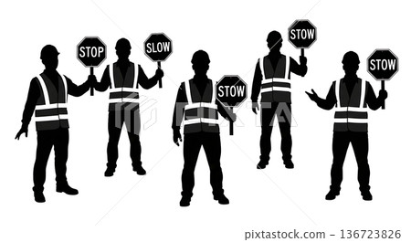 Black Solid Traffic Control Engineer Silhouettes Set of Six on White Background Black Solid Traffic Control Engineer Silhouettes Set of Six on White Background 136723826